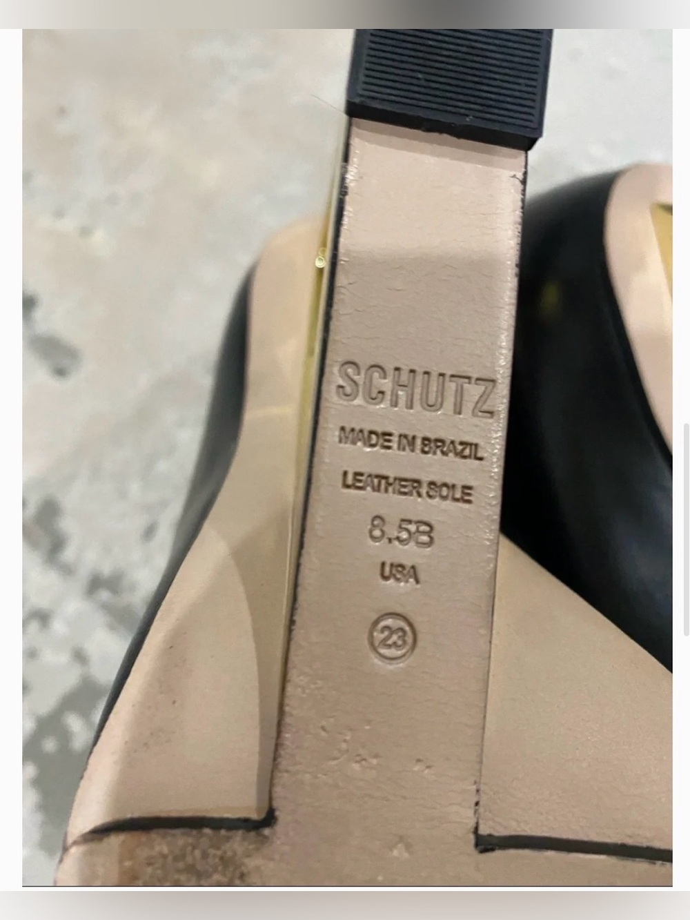 SCHUTZ Black Leather Pointed-Toe Pumps with Gold Geometric Heel - Picture 7 of 9